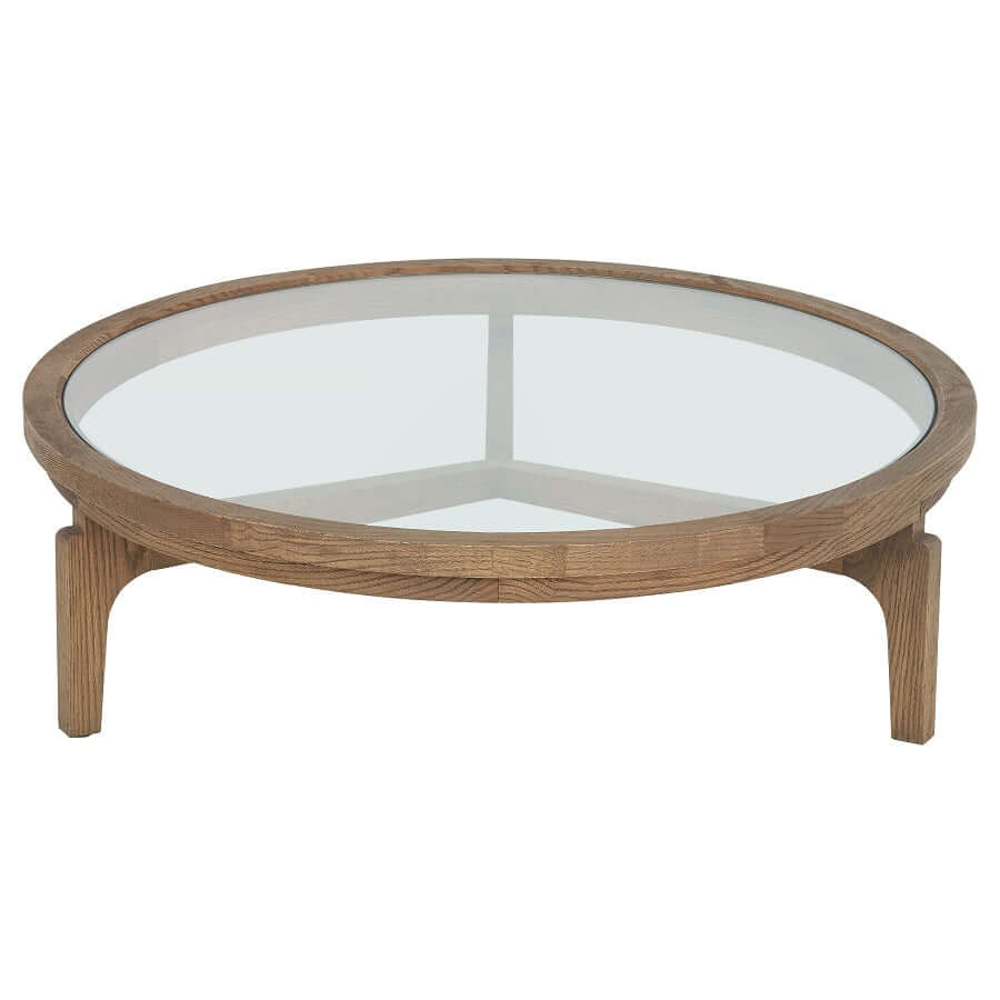 Table basse gigogne en chêne et verre, design moderne, empilable, idéale pour l'optimisation d'espace dans le salon.