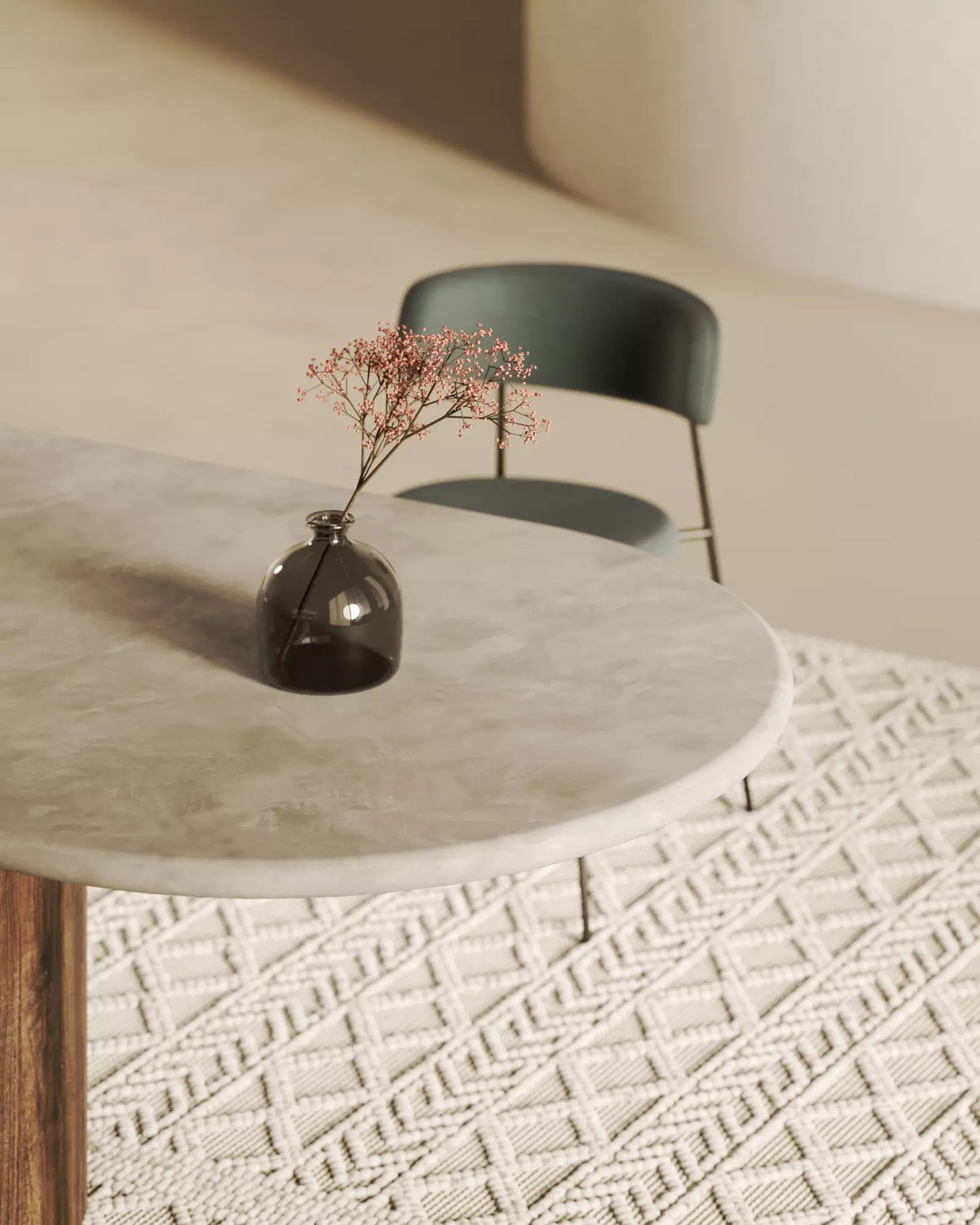 TABLE OVALE EN CÈRAMIQUE ET PIED BOIS