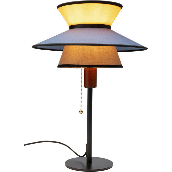 LAMPE AVEC ABAT-JOUR BLEU JAUNE ET ALLUMAGE AVEC CORDELETTE