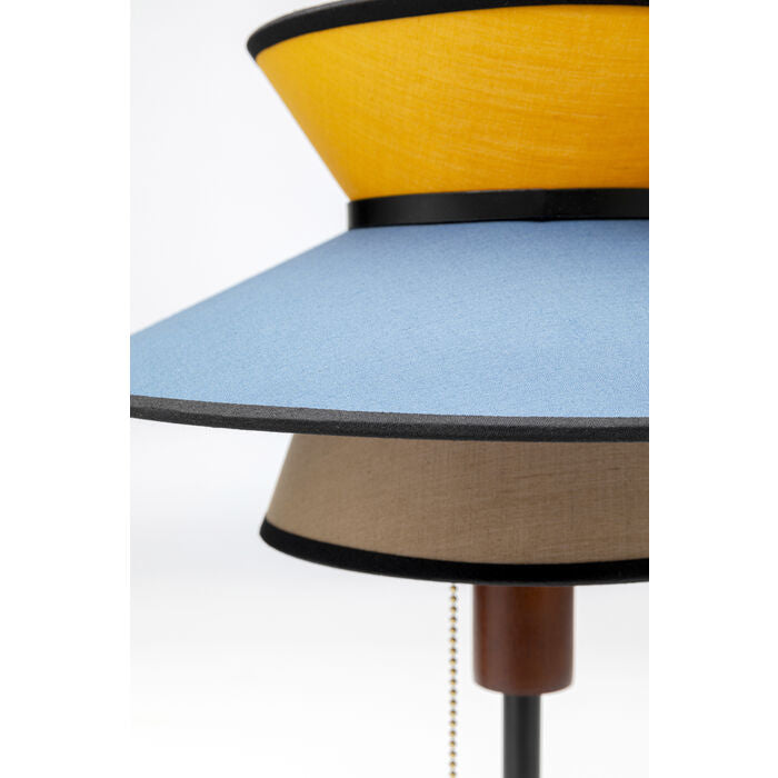 LAMPE AVEC ABAT-JOUR BLEU JAUNE ET ALLUMAGE AVEC CORDELETTE