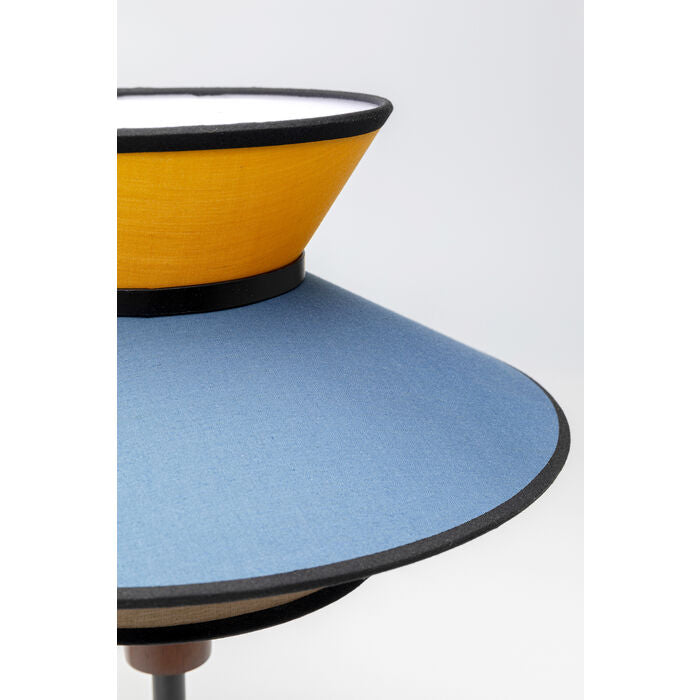 LAMPE AVEC ABAT-JOUR BLEU JAUNE ET ALLUMAGE AVEC CORDELETTE
