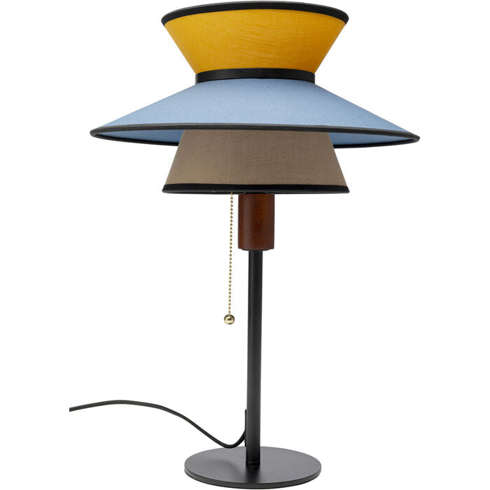 LAMPE AVEC ABAT-JOUR BLEU JAUNE ET ALLUMAGE AVEC CORDELETTE