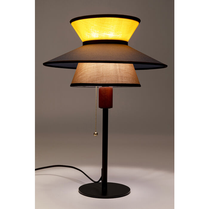 LAMPE AVEC ABAT-JOUR BLEU JAUNE ET ALLUMAGE AVEC CORDELETTE