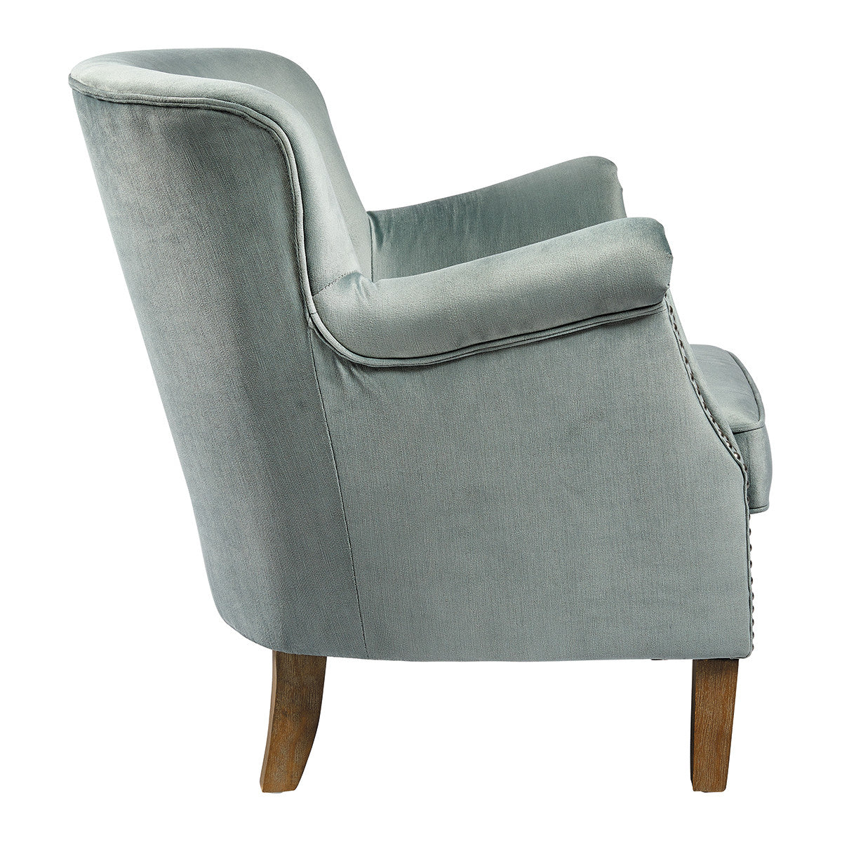 PETIT FAUTEUIL VELOURS VERT SAUGE PIEDS EN BOIS