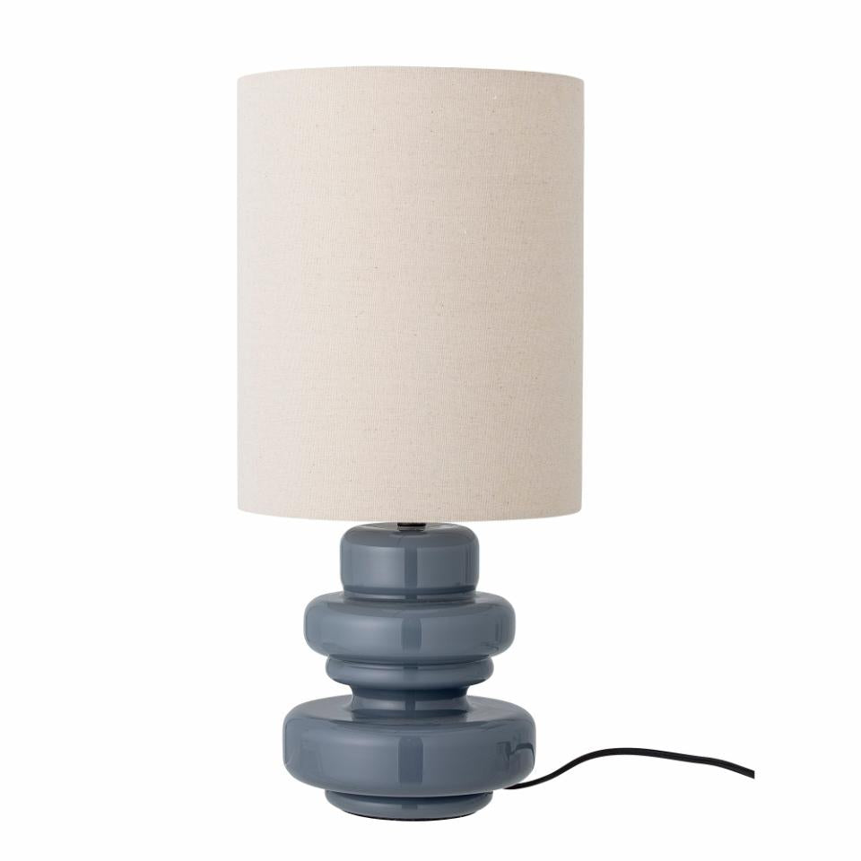 LAMPE A POSER EN VERRE BLEU ET ABAT-JOUR EN LIN BEIGE