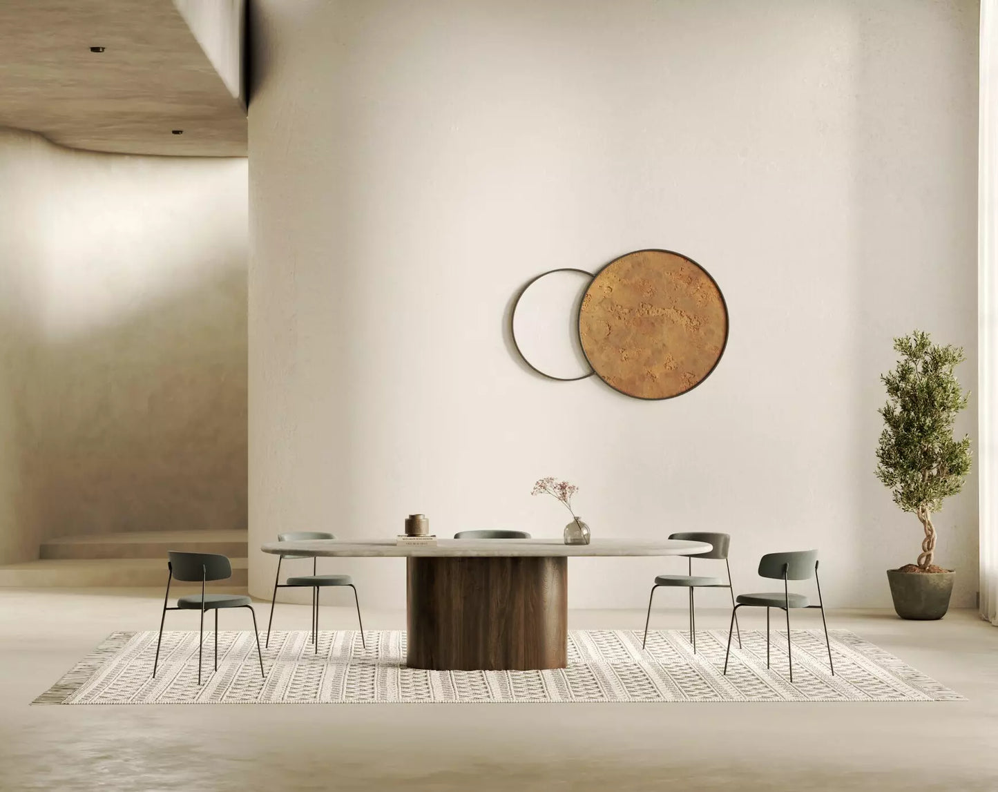 TABLE OVALE EN CÈRAMIQUE ET PIED BOIS