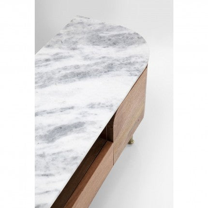 MEUBLE TV EN MANGUIER CLAIR ET PLATEAU MARBRE PIEDS MÉTAL DORÉ