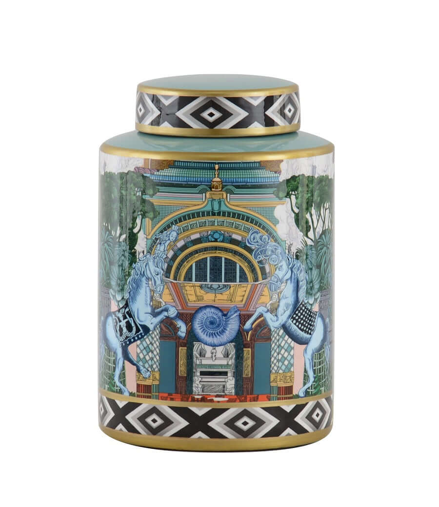 Potiche en céramique bleu et vert avec motifs de chevaux, 26 cm de hauteur et design élégant, décoration intérieure artisanale.