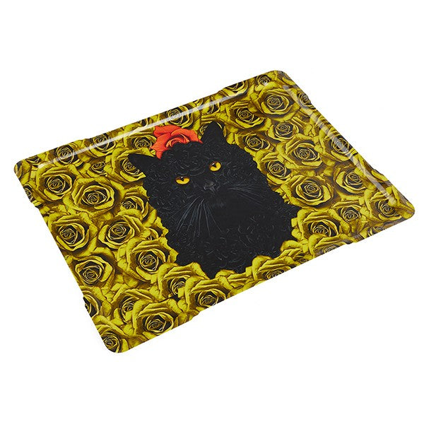 PLATEAU CHAT NOIR ET FLEURS JAUNES "GANGZAI"