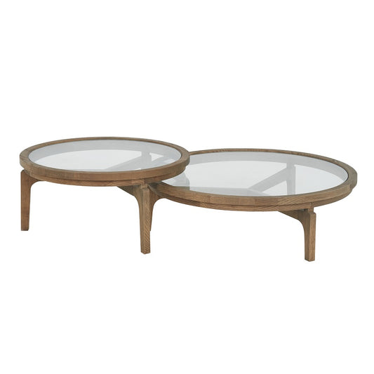 Tables basses gigognes en chêne et verre, empilables et modernes, ajoutant élégance au salon.