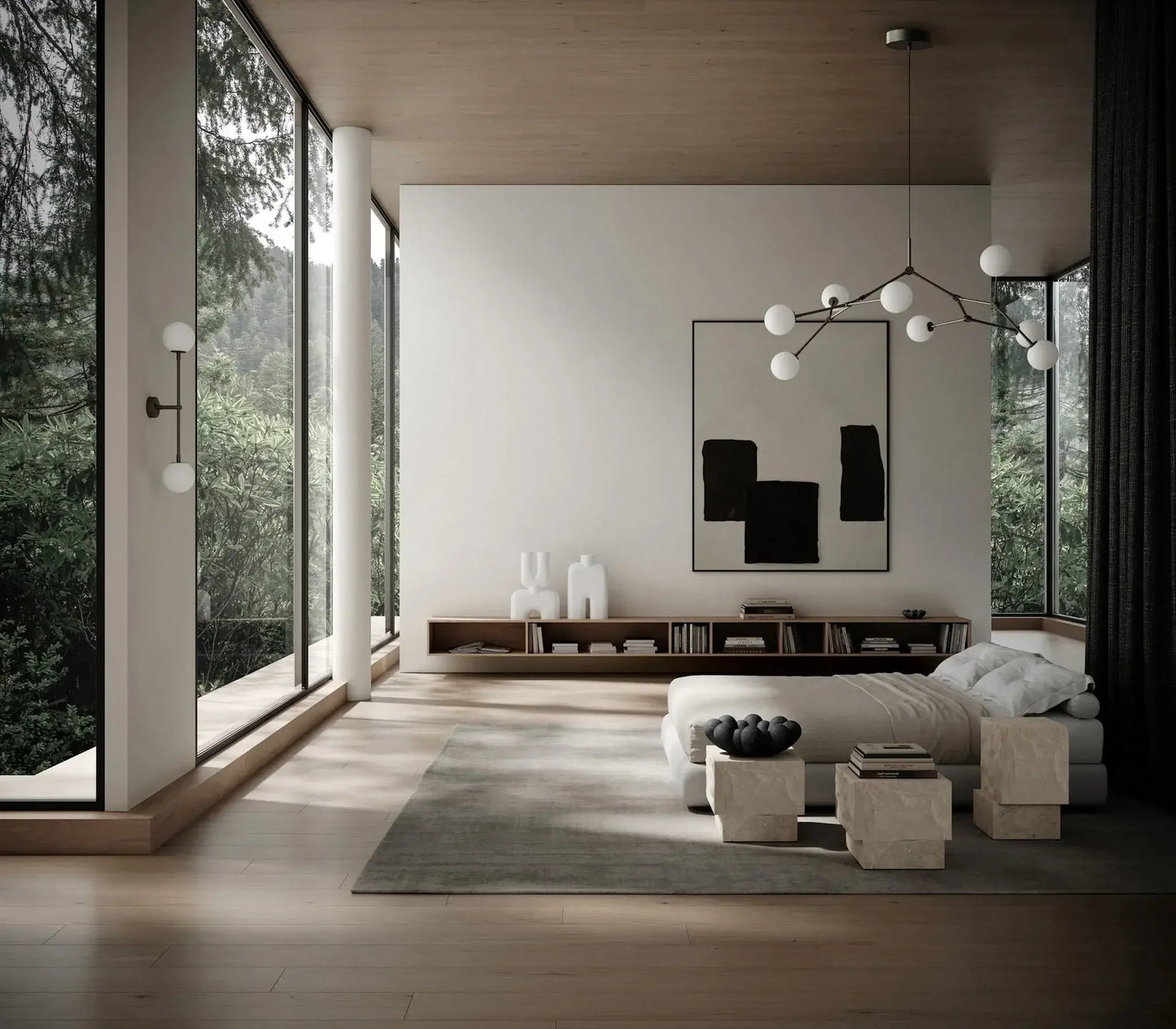 suspension avec huit boules en verre blanc