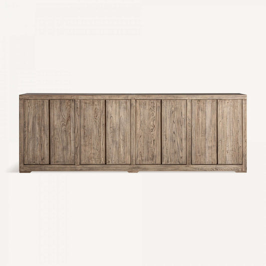 Buffet XXL en bois d'orme recyclé, style rustique, dimensions 280x96x48cm, finition usée, espace de rangement spacieux.