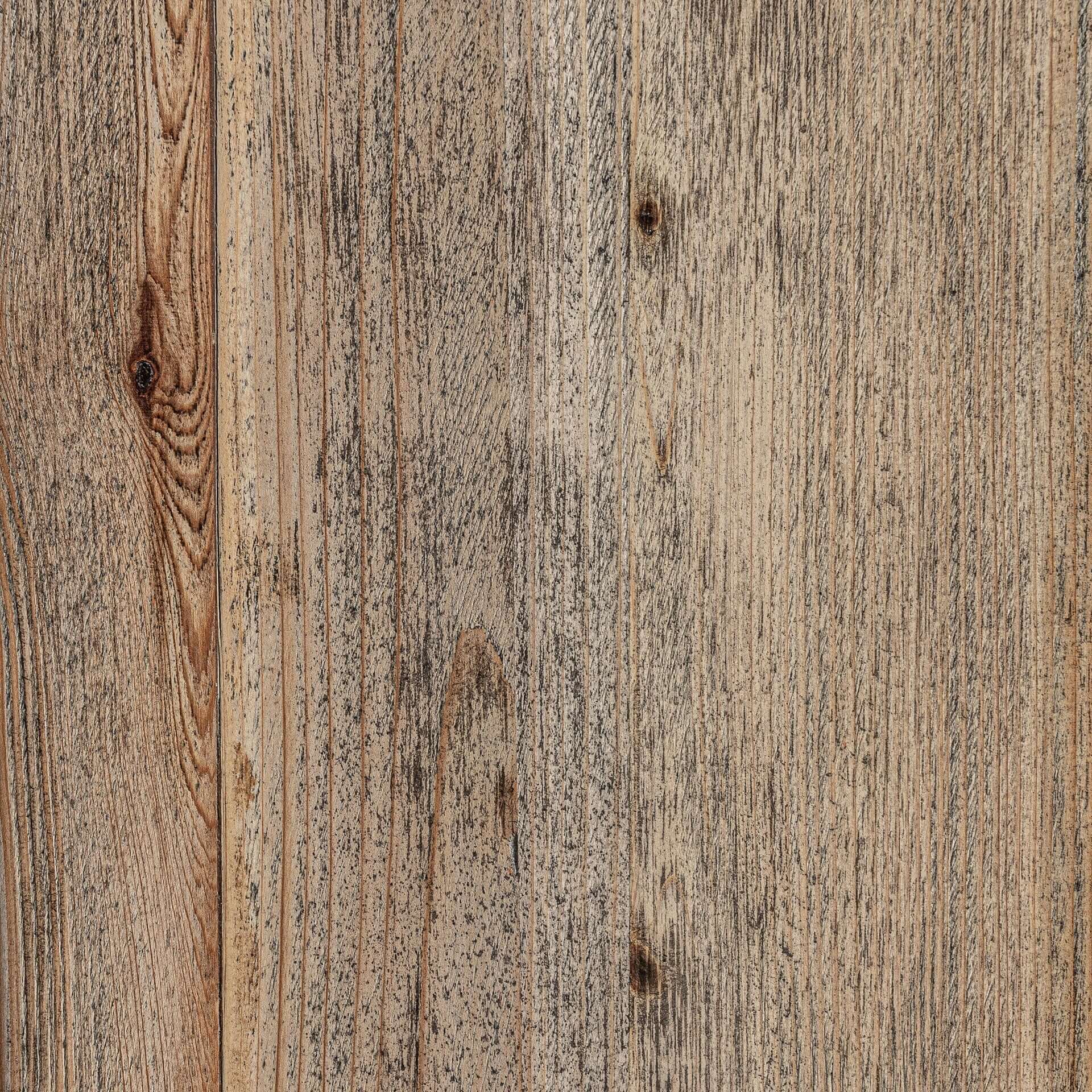 Textured close-up of rustic recycled elm wood, showcasing natural grain patterns and a weathered finish.