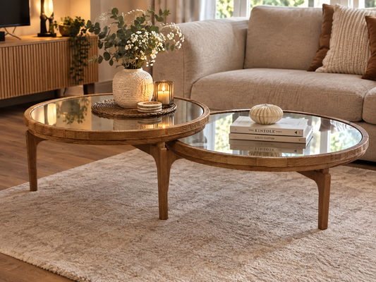 TABLES BASSES GIGOGNES EN CHENE ET VERRE